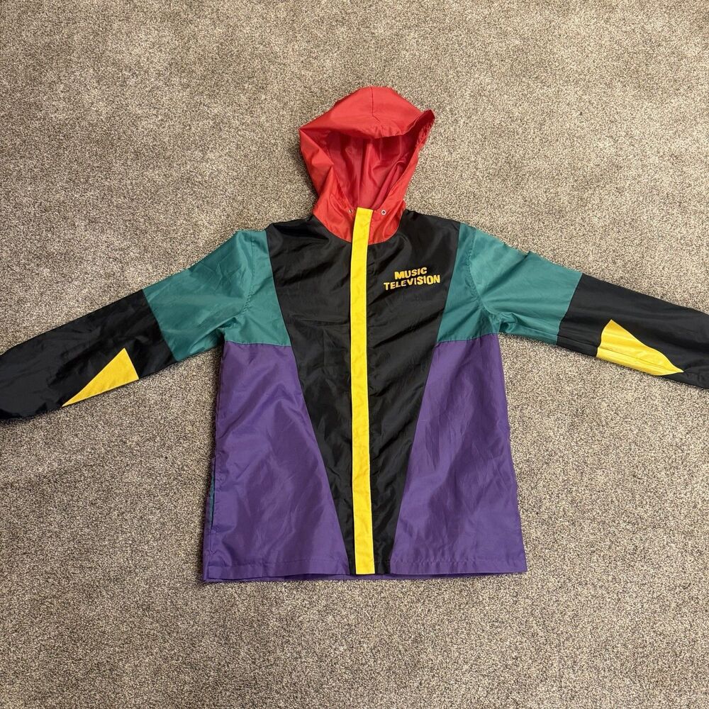 MTV Music Hooded Windbreaker Jacket Colorblock Zip Adult L Lightweight Graphic